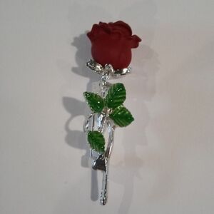 MELINA Elegant Green Leaf Red Rose Silvertone 2" Brooch/Pin/Lapel/Lightweight